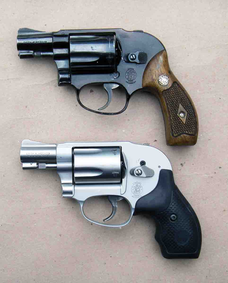 The original Smith & Wesson Model 38 Bodyguard Airweight .38 Special (top) is a classic. The Model 638 Airweight (bottom) features a stainless steel barrel and cylinder while the frame is made of high-tensile alloy and is rated for continuous use of +P ammunition.